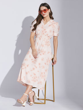 Latin Quarters Women Pink Shirt Collar Half Sleeve Floral Dress