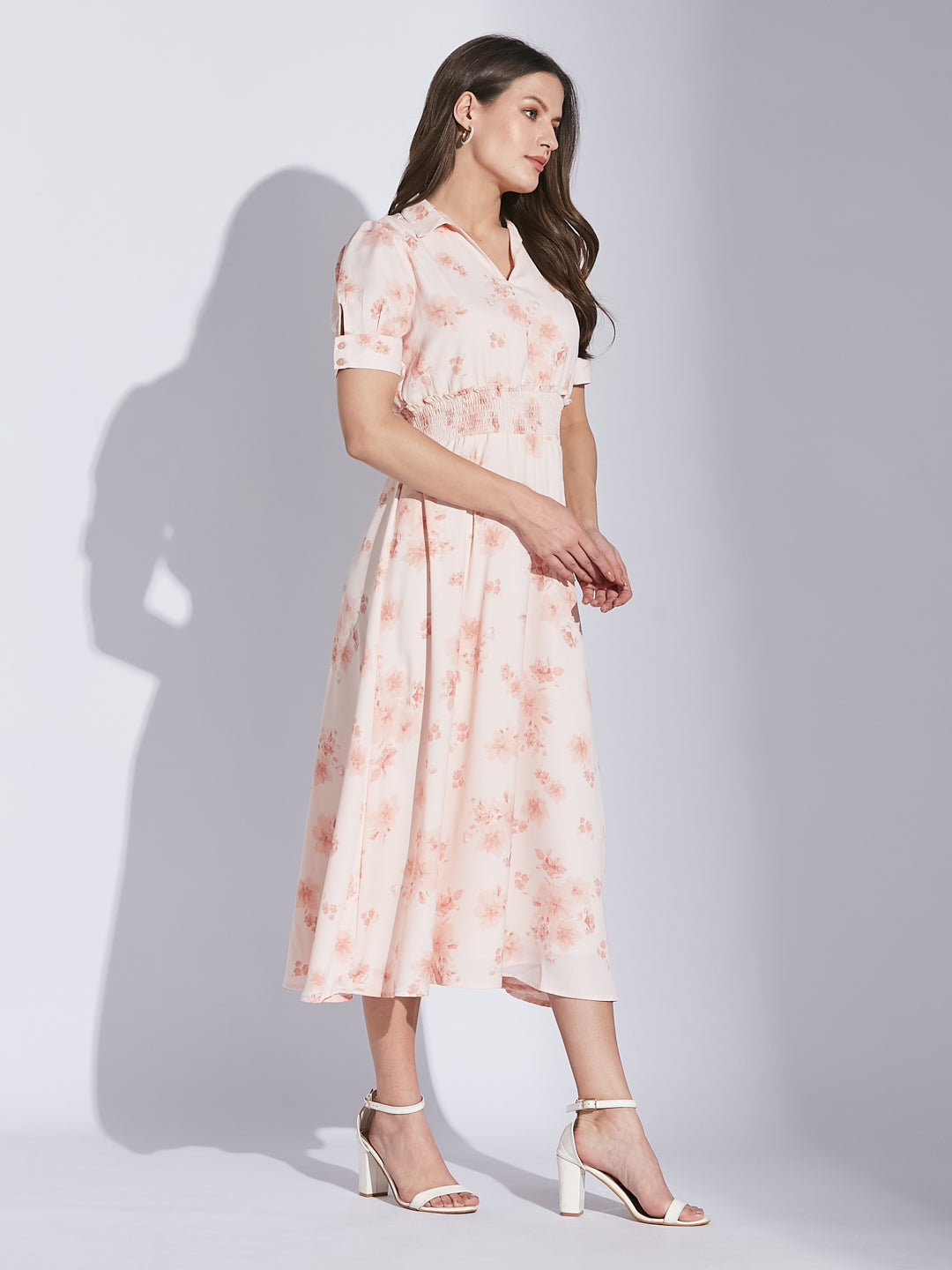 Latin Quarters Women Pink Shirt Collar Half Sleeve Floral Dress