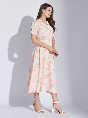 Latin Quarters Women Pink Shirt Collar Half Sleeve Floral Dress
