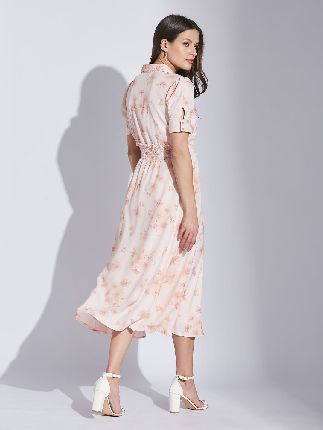 Latin Quarters Women Pink Shirt Collar Half Sleeve Floral Dress