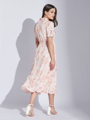 Latin Quarters Women Pink Shirt Collar Half Sleeve Floral Dress