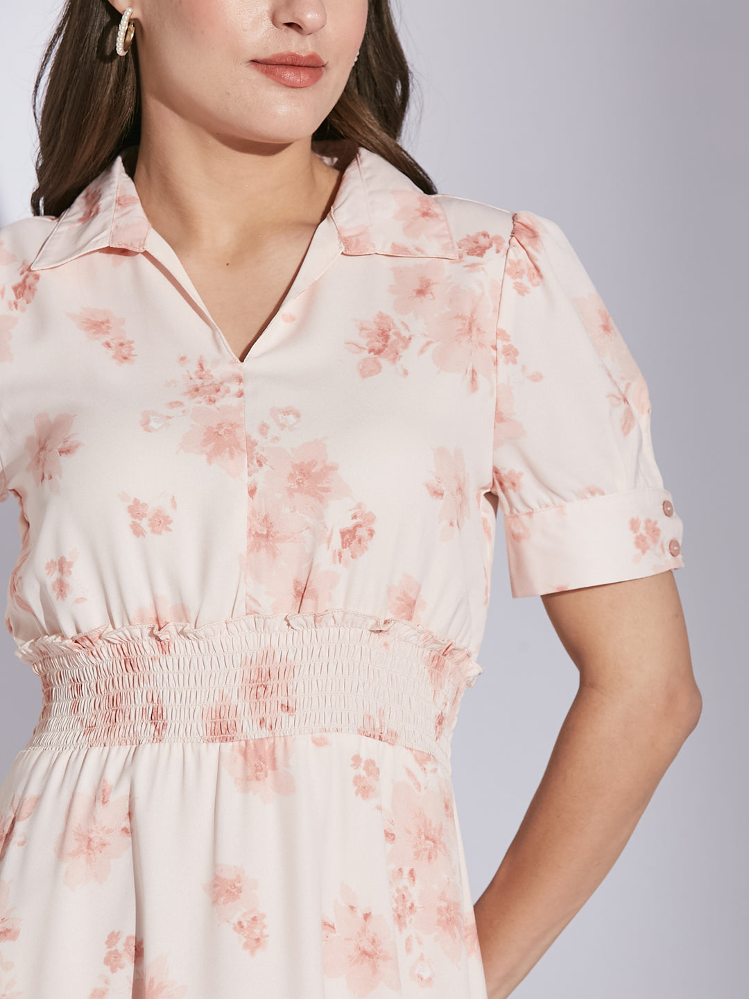Latin Quarters Women Pink Shirt Collar Half Sleeve Floral Dress