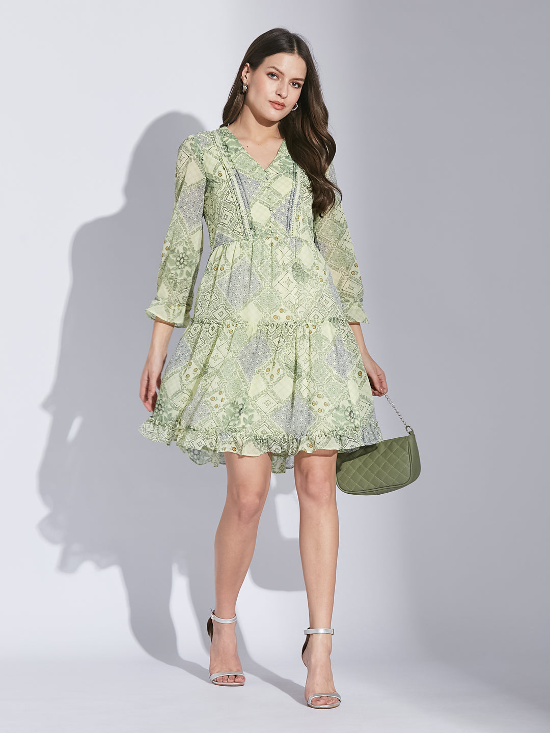 Latin Quarters Women Green V-Neck 3/4 Sleeve Printed Dress