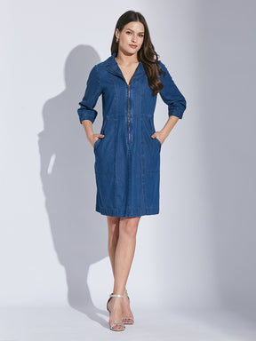 Latin Quarters Women Blue Shirt Collar 3/4 Sleeve Solid Dress