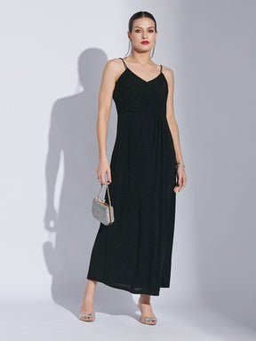 Latin Quarters Women Black V-Neck Sleeveless Shimmer Maxi Dress with Slit