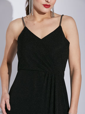Latin Quarters Women Black V-Neck Sleeveless Shimmer Maxi Dress with Slit