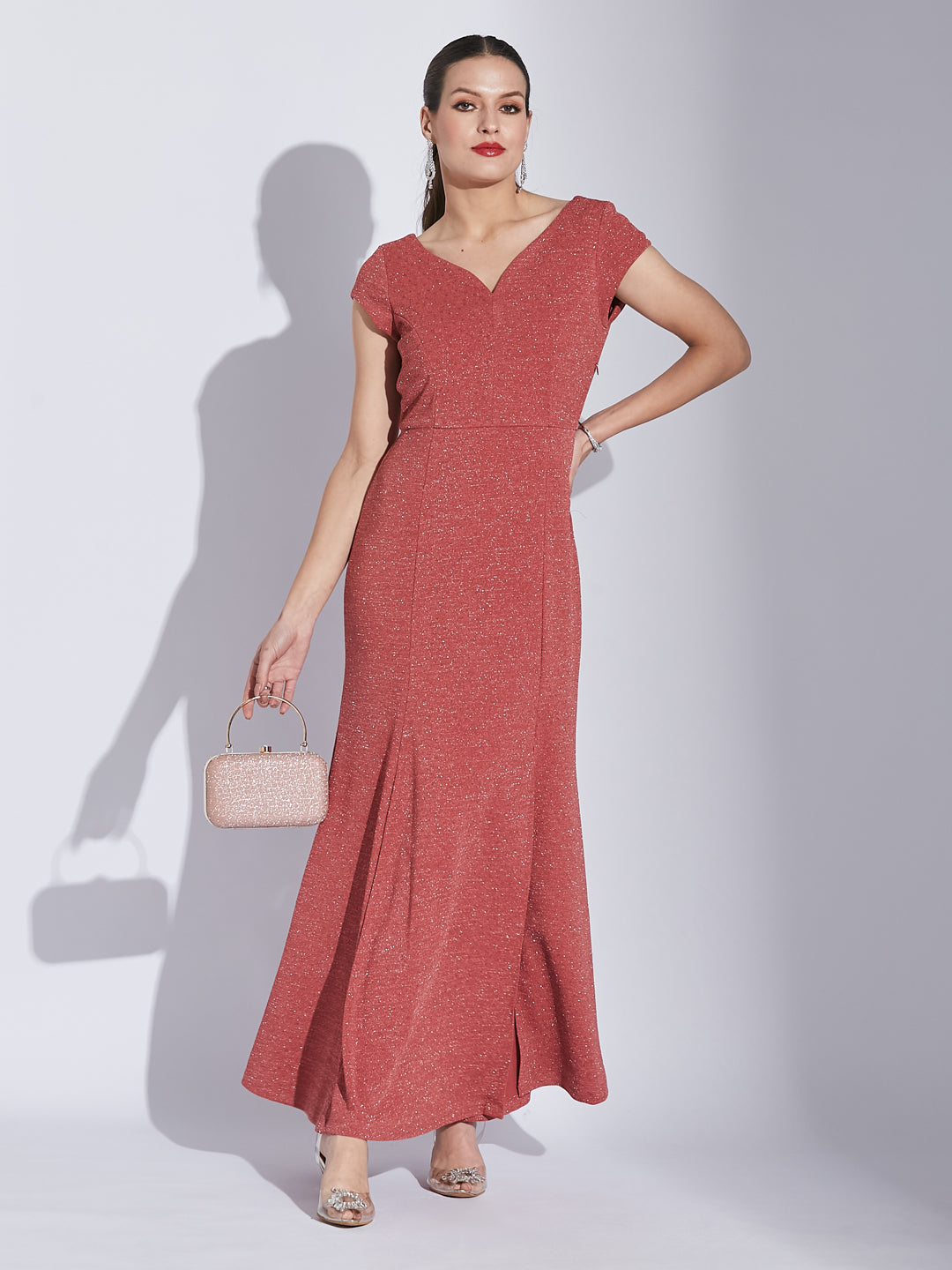 Latin Quarters Women Rose V-Neck Cap Sleeve Solid Dress