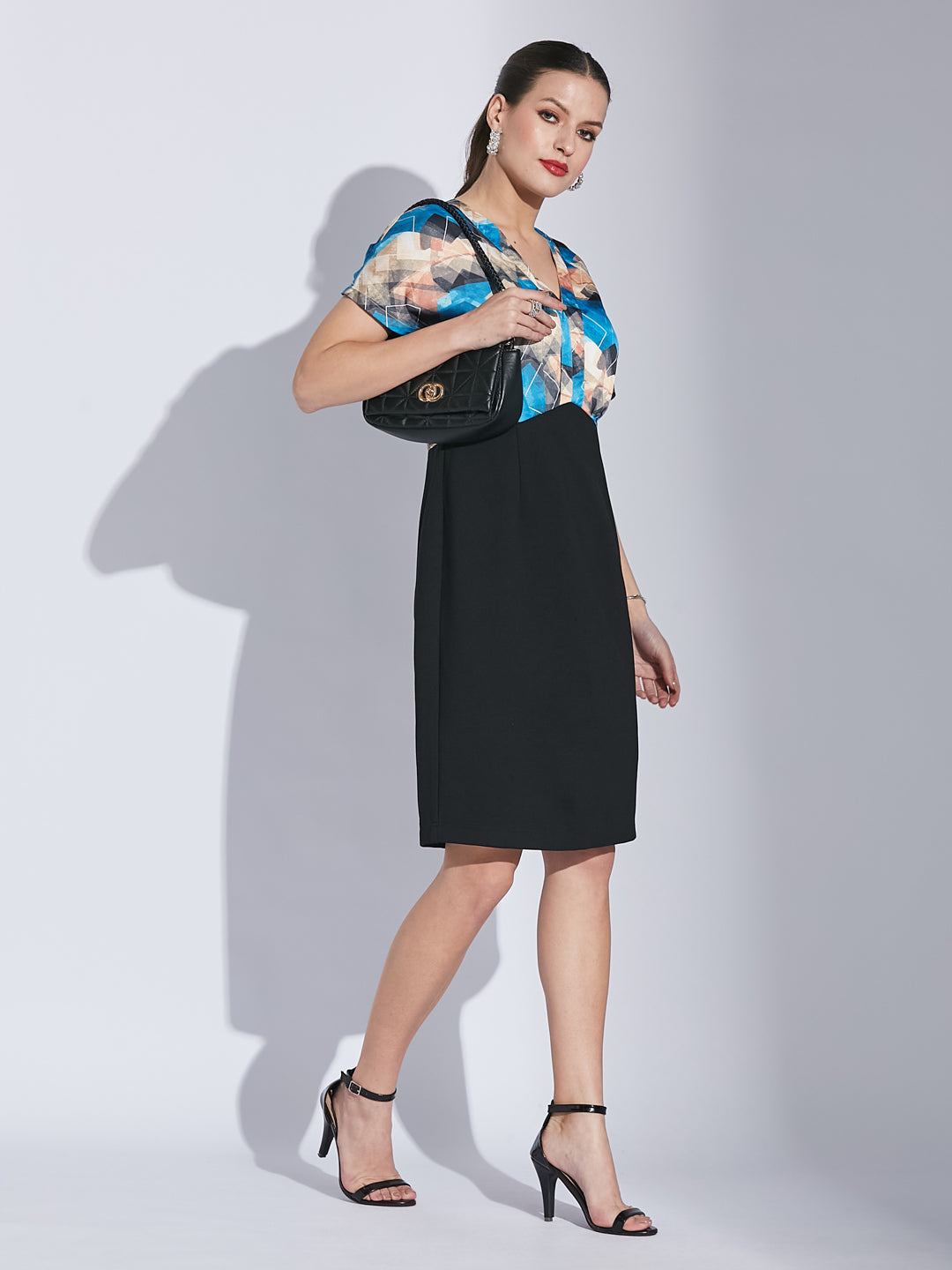 Latin Quarters Women Blue V-Neck Half Sleeve Printed Dress