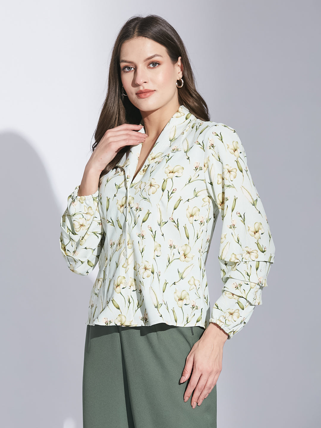 Latin Quarter Women Green Collar Neck 3/4th Sleeve Printed Shirt Blouse