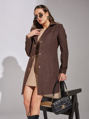 Latin Quarters Women Brown Solid Lapel Collar Full Sleeve Casual A-Line Coat