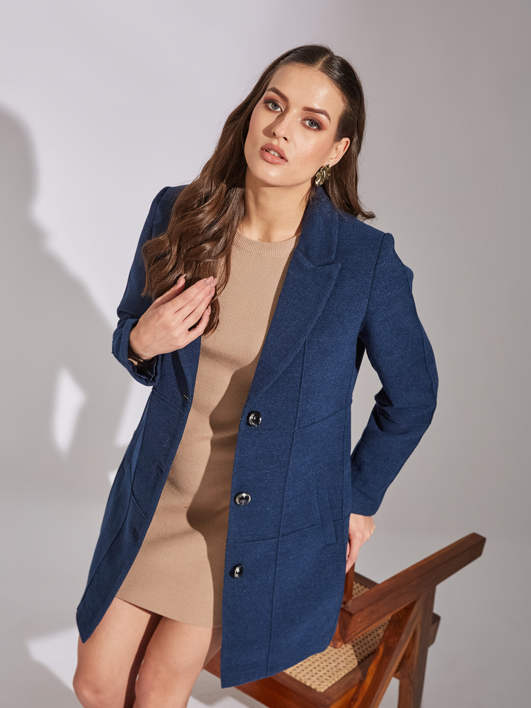 Latin Quarters Women Blue Collar Neck Full Sleeve Solid Coat