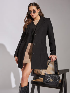 Latin Quarters Women Black Collar Neck Full Sleeve Solid Coat For Casual Wear