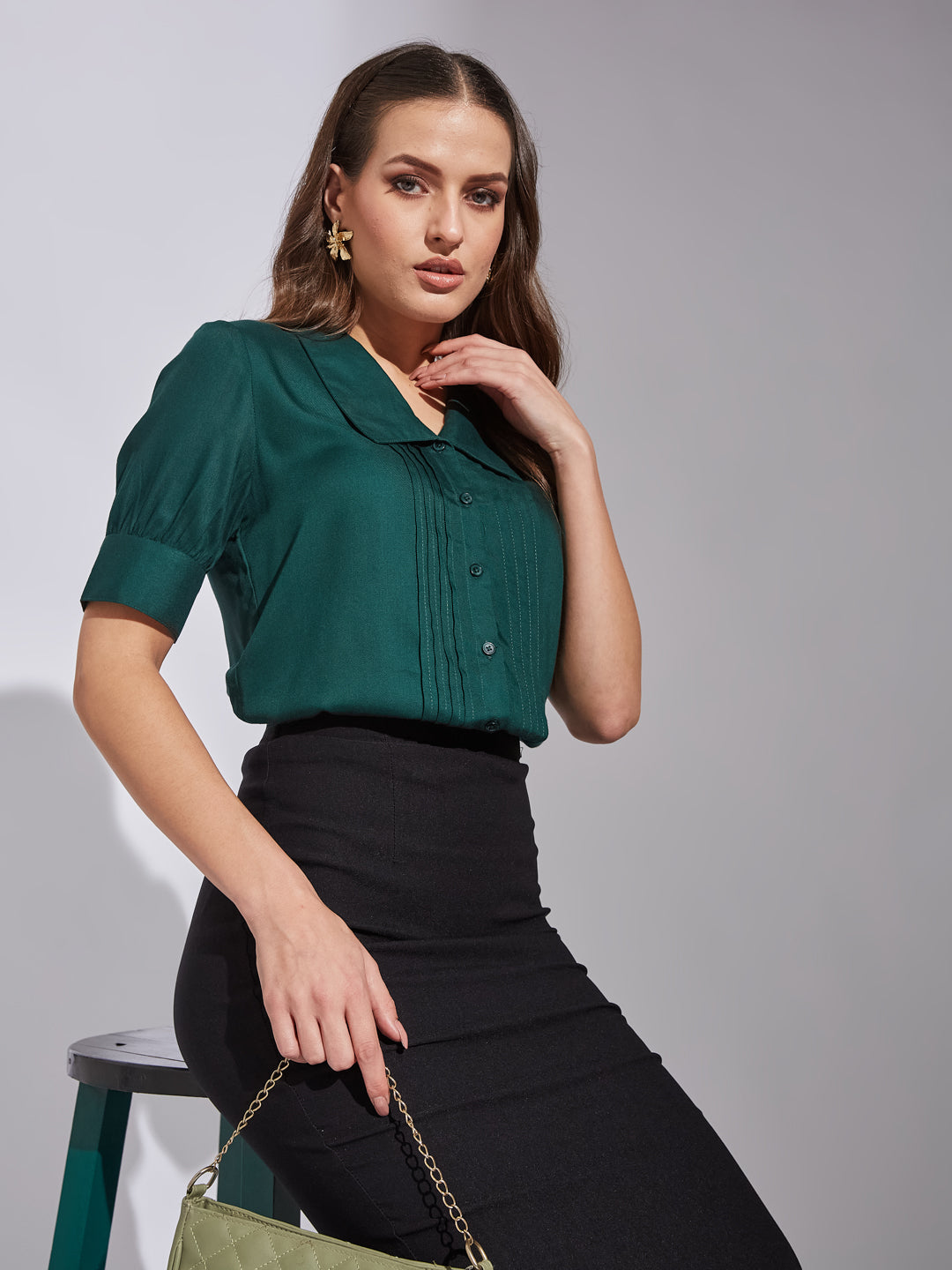 Latin Quarters Women Green Collar Neck Short Sleeves Solid Shirt