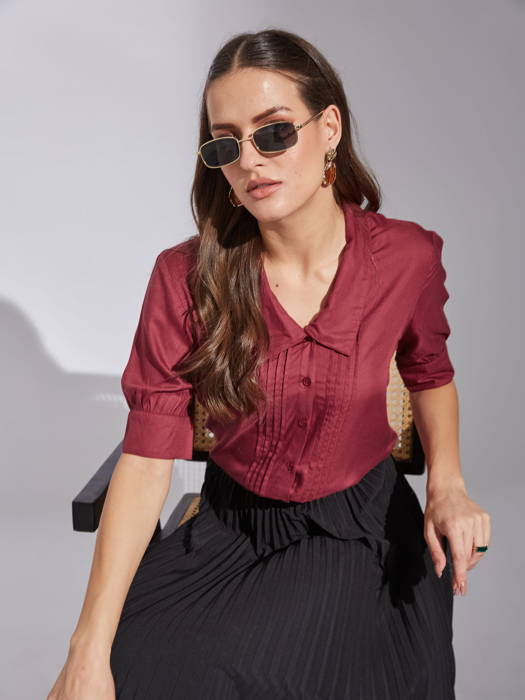 Latin Quarters Women Maroon Collar Neck Short Sleeves Solid Shirt