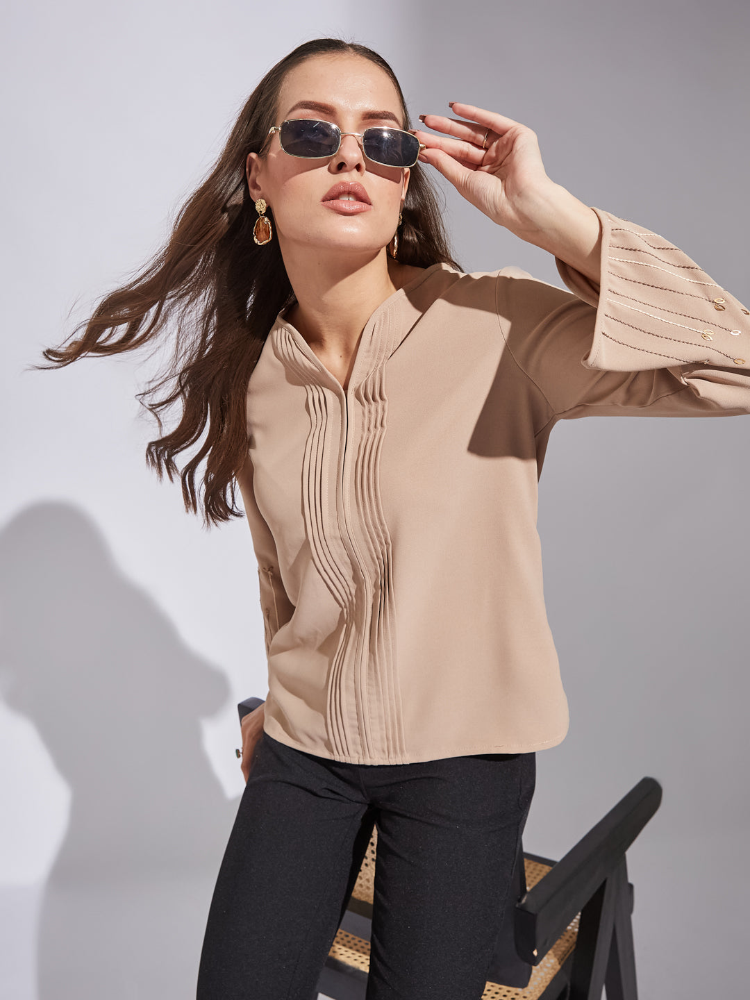 Latin Quarters Women Beige Round Neck 3/4Th Sleeve Solid Top