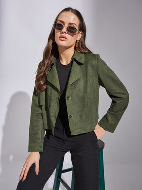 Latin Quarters Women Green Collar Neck Full Sleeve Solid Jacket For Casual Wear