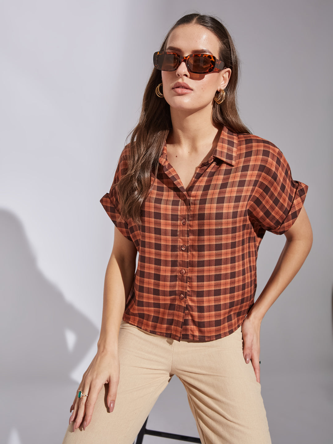 Latin Quarters Women Brown Collar Neck Short Sleeves Checked Shirt