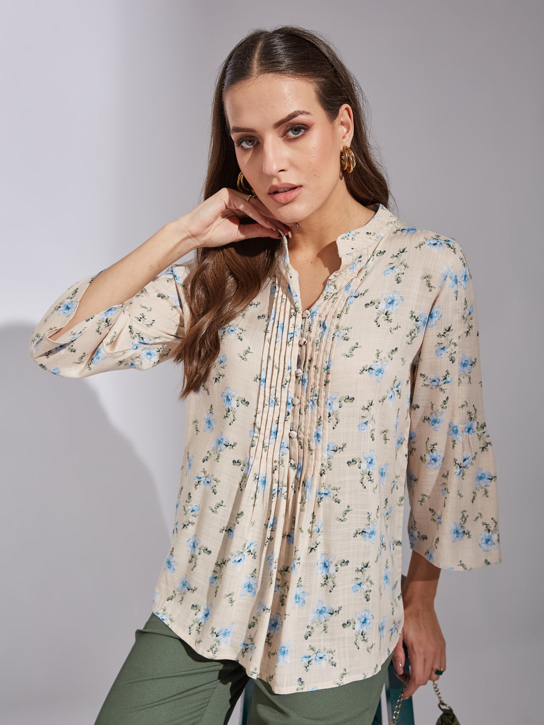 Latin Quarters Women Blue Mandarin Neck 3/4Th Sleeve Floral Tunic