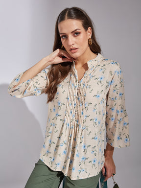 Latin Quarters Women Blue Mandarin Neck 3/4Th Sleeve Floral Tunic