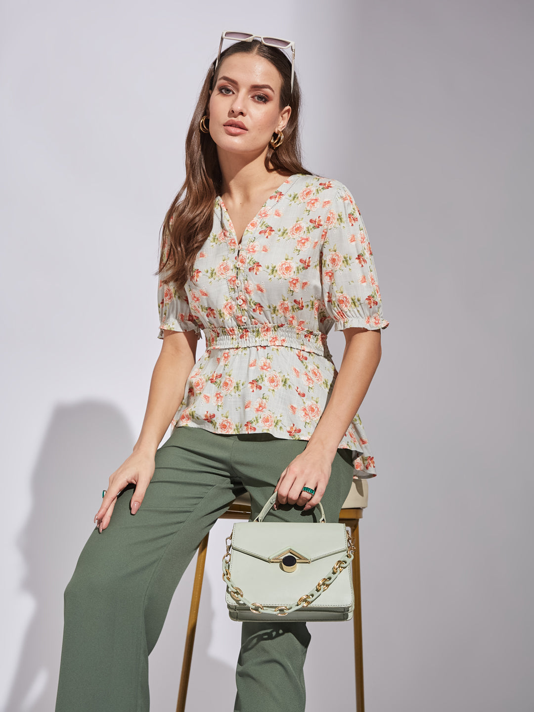 Latin Quarters Women Green V-Neck Half Sleeve Floral Top