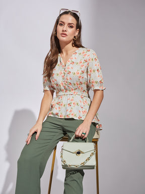 Latin Quarters Women Green V-Neck Half Sleeve Floral Top