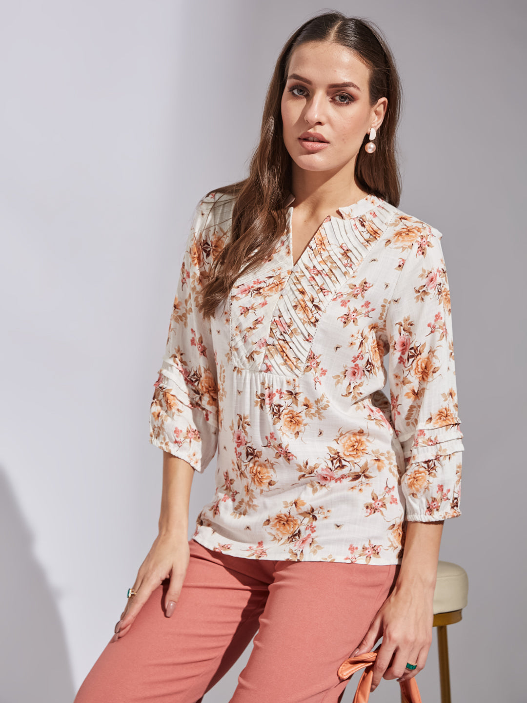 Latin Quarters Women Orange Mandarin Neck 3/4Th Sleeve Floral Tunic
