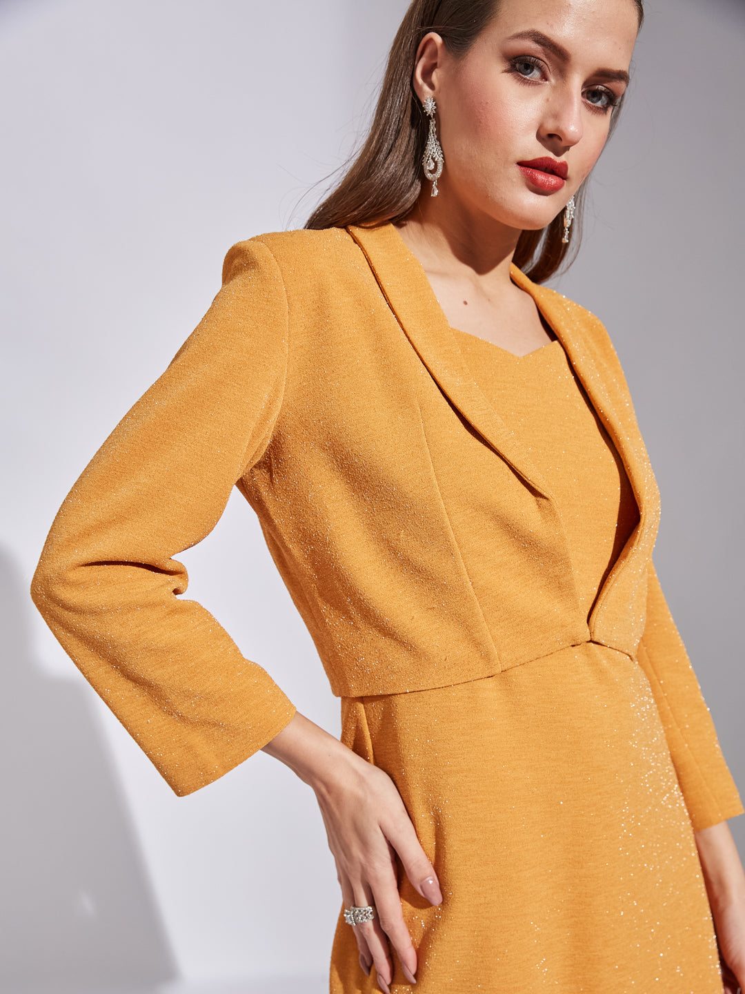 Latin Quarters Women Mustard V-Neck 3/4Th Sleeves Solid Dress