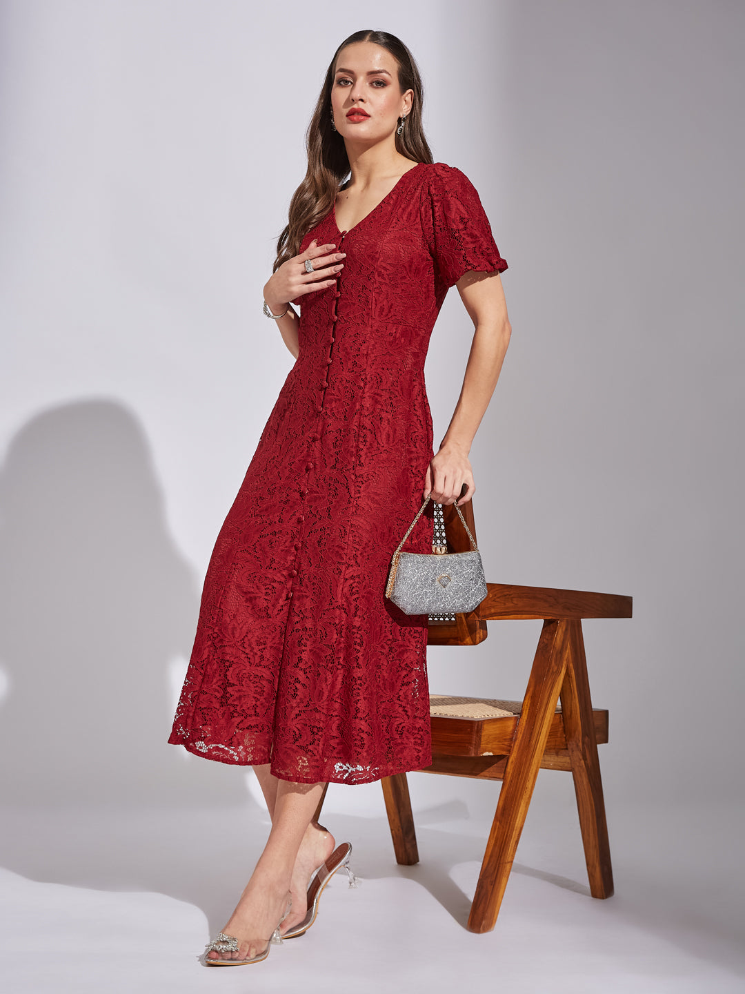 Latin Quarters Women A-Line Maroon Half Sleeve V-Neck Self Design Party Dress