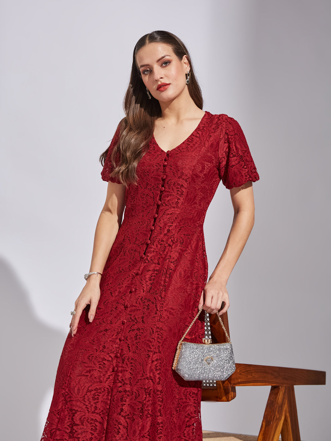 Latin Quarters Women A-Line Maroon Half Sleeve V-Neck Self Design Party Dress