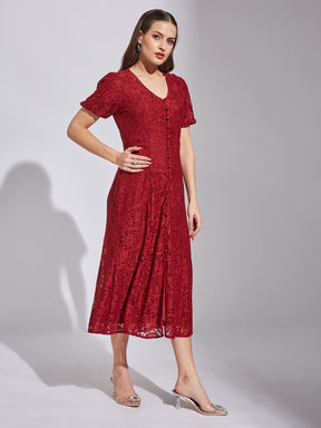 Latin Quarters Women A-Line Maroon Half Sleeve V-Neck Self Design Party Dress