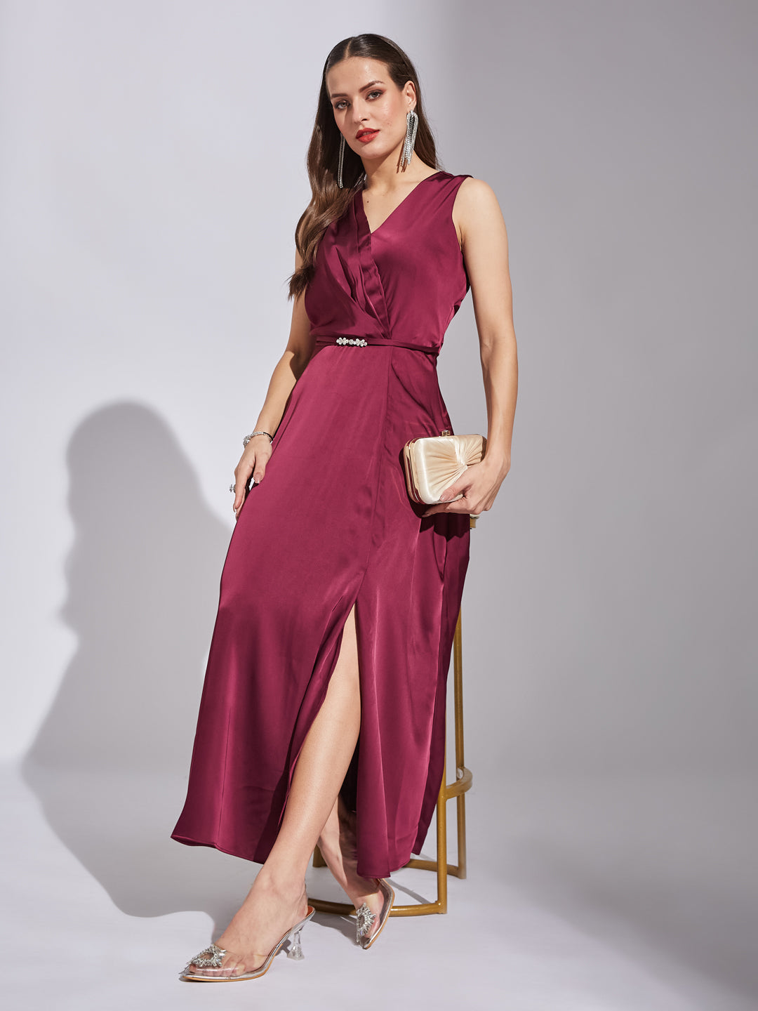 Latin Quarters Women Wine V-Neck Sleeveless Solid Dress