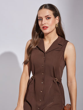 Latin Quarters Women's Brown Sleeveless Solid Collared Casual Dress