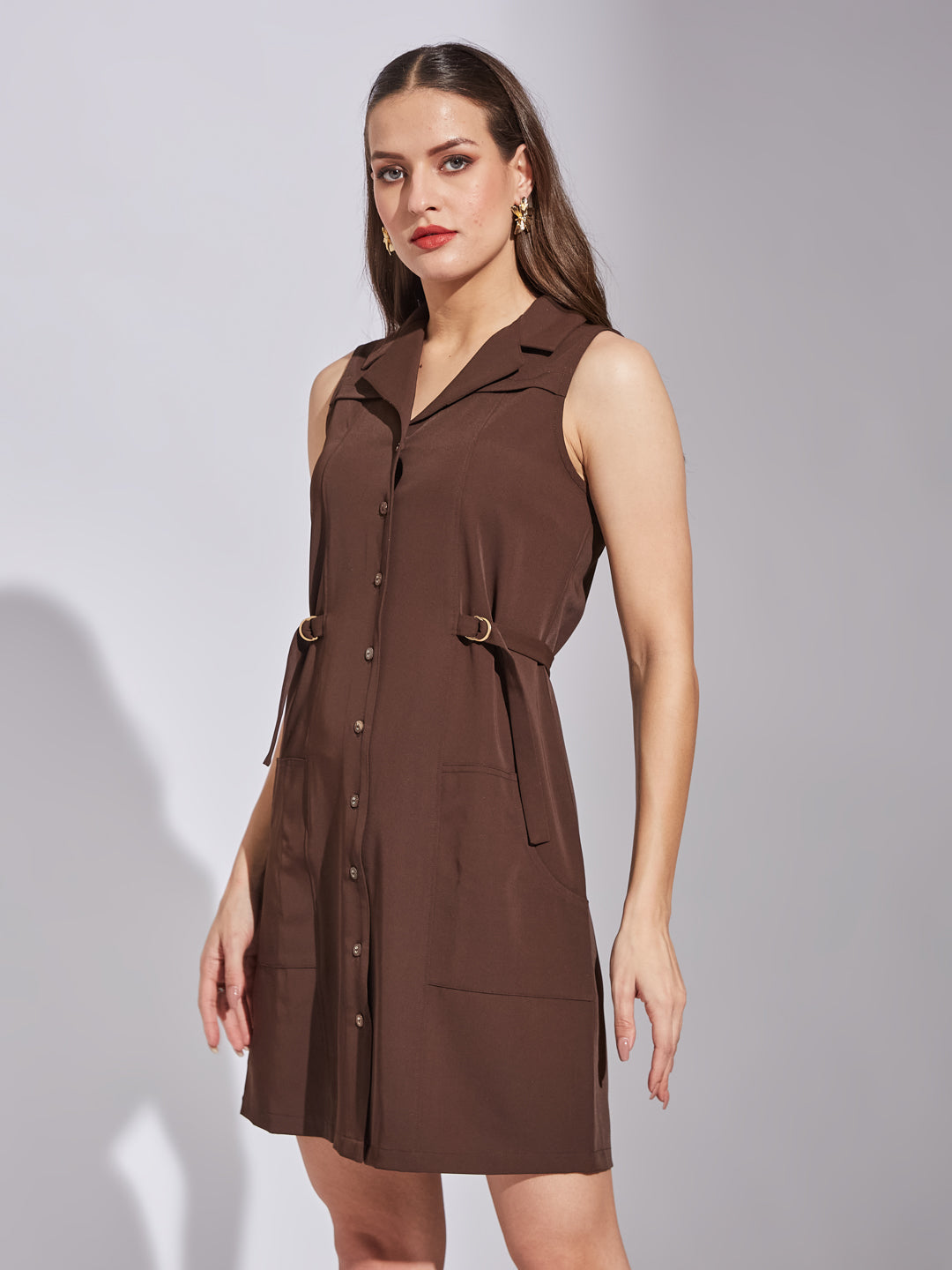 Latin Quarters Women's Brown Sleeveless Solid Collared Casual Dress