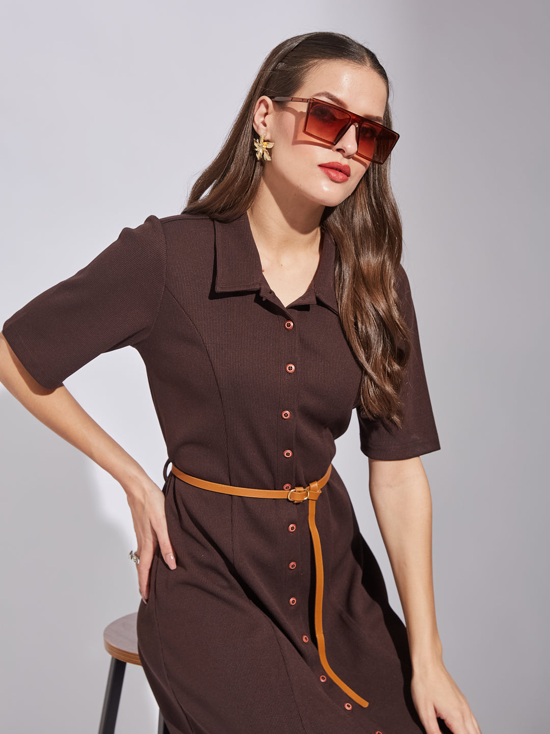Latin Quarters Women Brown Shirt Collar Neck Half Sleeves Solid Dress