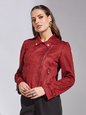 Latin Quarters Women Maroon Collar Neck Full Sleeve Solid Jacket