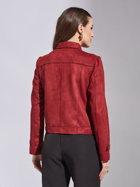 Latin Quarters Women Maroon Collar Neck Full Sleeve Solid Jacket