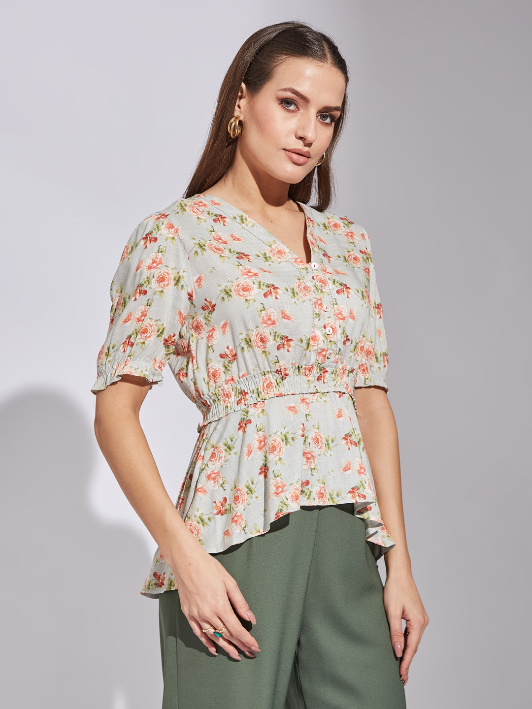 Latin Quarters Women Green V-Neck Half Sleeve Floral Top