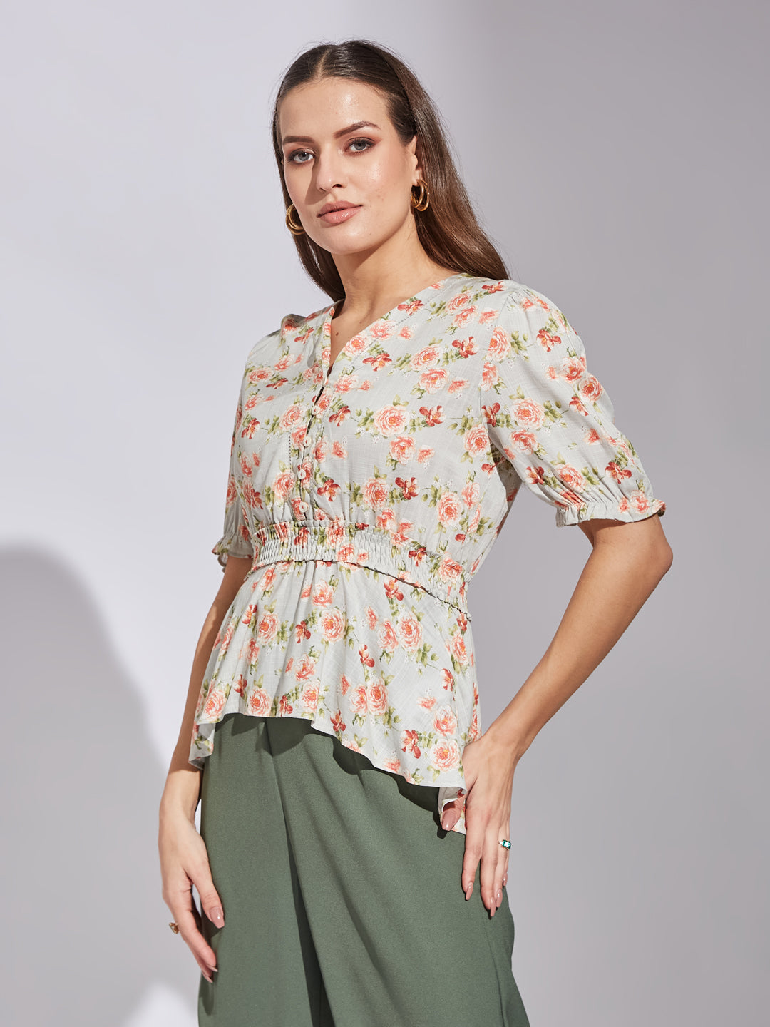 Latin Quarters Women Green V-Neck Half Sleeve Floral Top