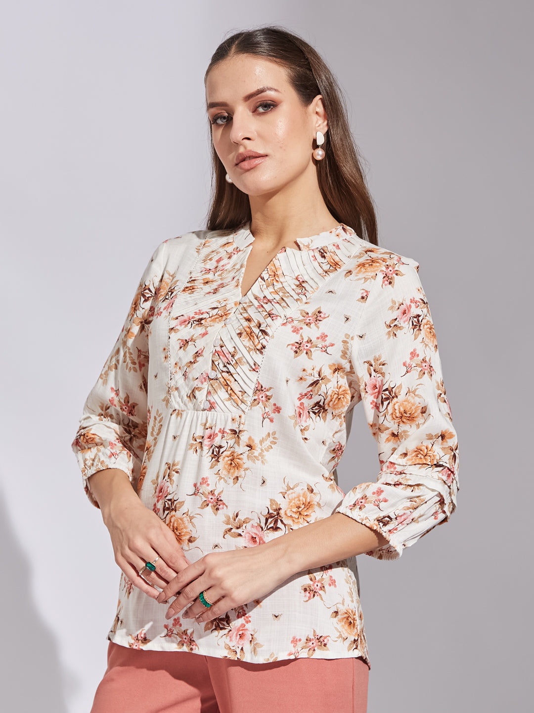 Latin Quarters Women Orange Mandarin Neck 3/4Th Sleeve Floral Tunic