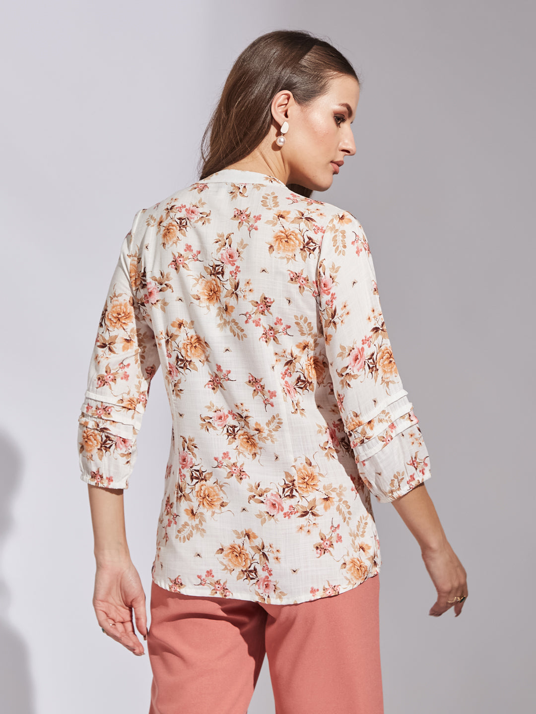 Latin Quarters Women Orange Mandarin Neck 3/4Th Sleeve Floral Tunic