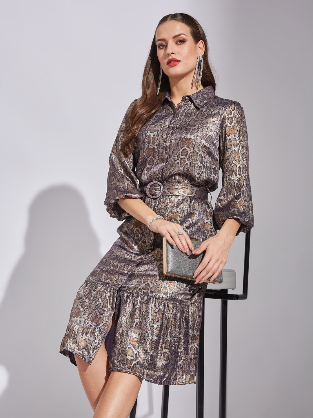 Latin Quarters Women Grey Shirt Collar 3/4Th Sleeves Printed Dress