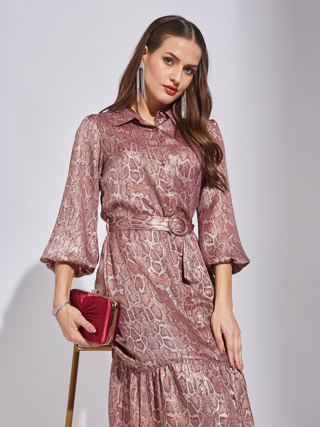 Latin Quarters Women Pink Shirt Collar 3/4Th Sleeves Printed Dress