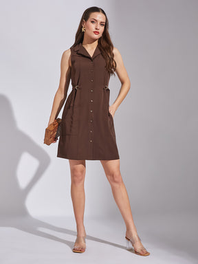 Latin Quarters Women Brown Shirt Collar Sleeveless Solid Dress