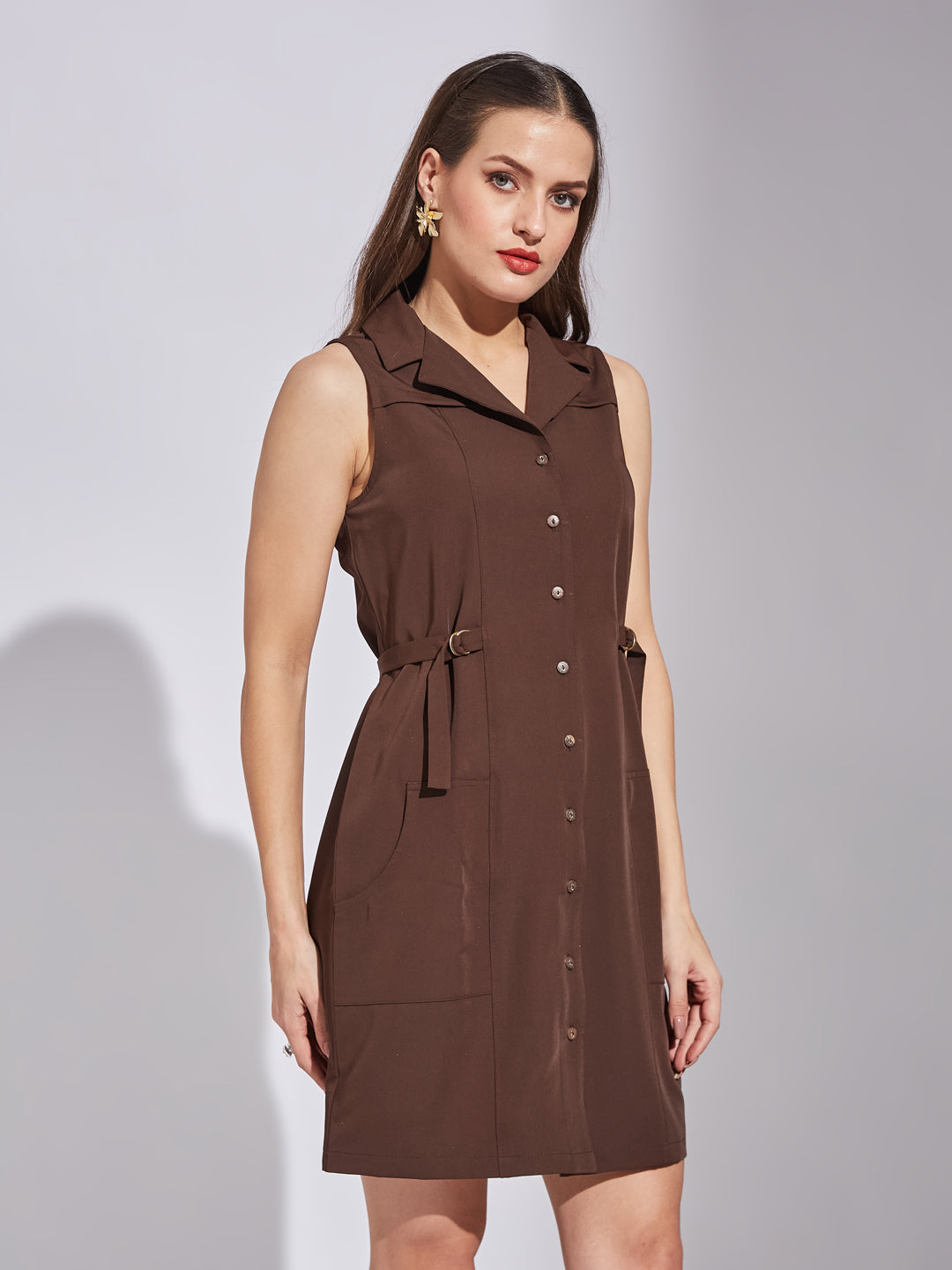 Latin Quarters Women Brown Shirt Collar Sleeveless Solid Dress