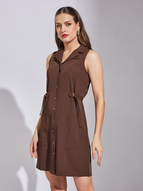 Latin Quarters Women Brown Shirt Collar Sleeveless Solid Dress