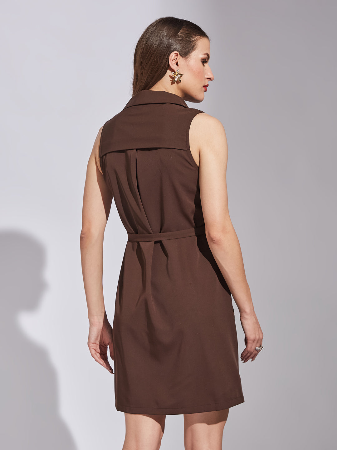 Latin Quarters Women Brown Shirt Collar Sleeveless Solid Dress