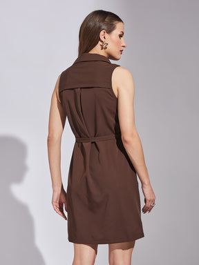 Latin Quarters Women Brown Shirt Collar Sleeveless Solid Dress