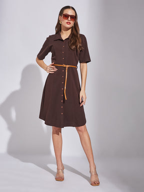 Latin Quarters Women Brown Shirt Collar Neck Half Sleeves Solid Dress