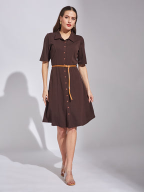 Latin Quarters Women Brown Shirt Collar Neck Half Sleeves Solid Dress