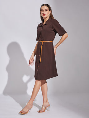 Latin Quarters Women Brown Shirt Collar Neck Half Sleeves Solid Dress